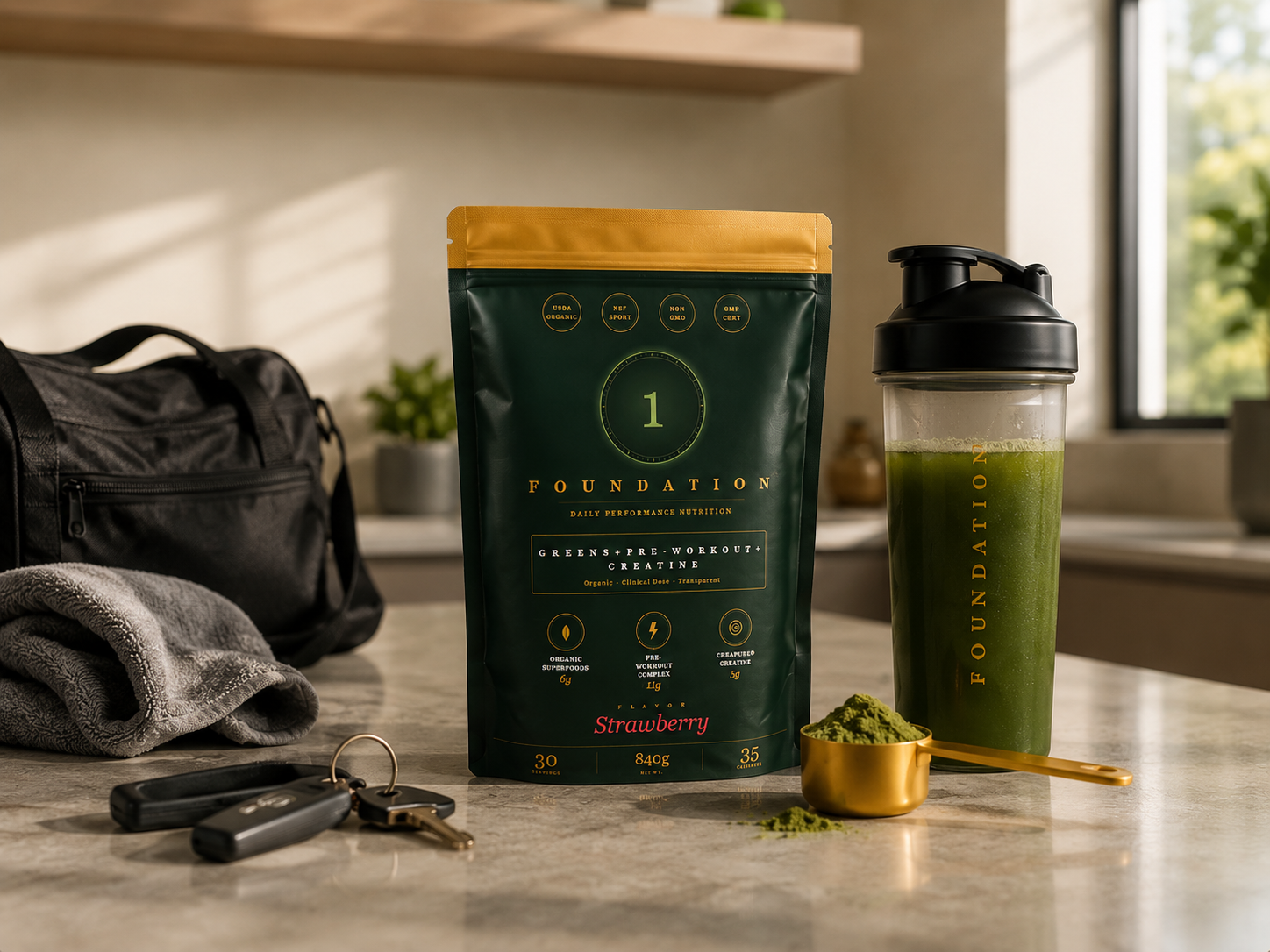 Foundation One pouch and shaker on a gym prep counter