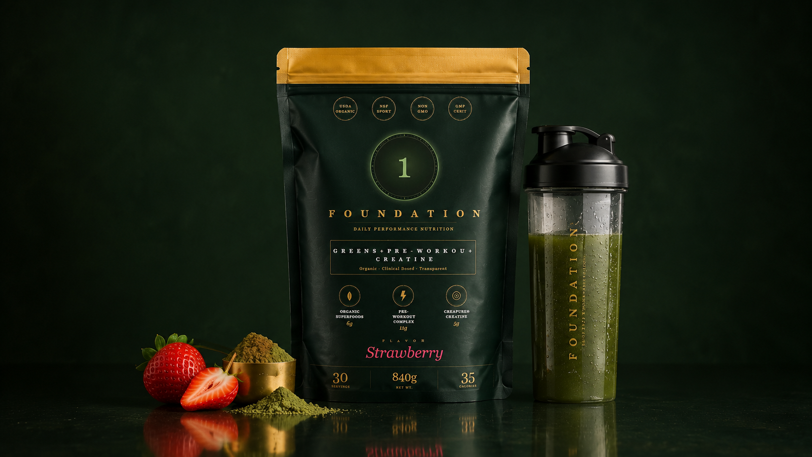 Foundation One pouch, shaker, and ingredients